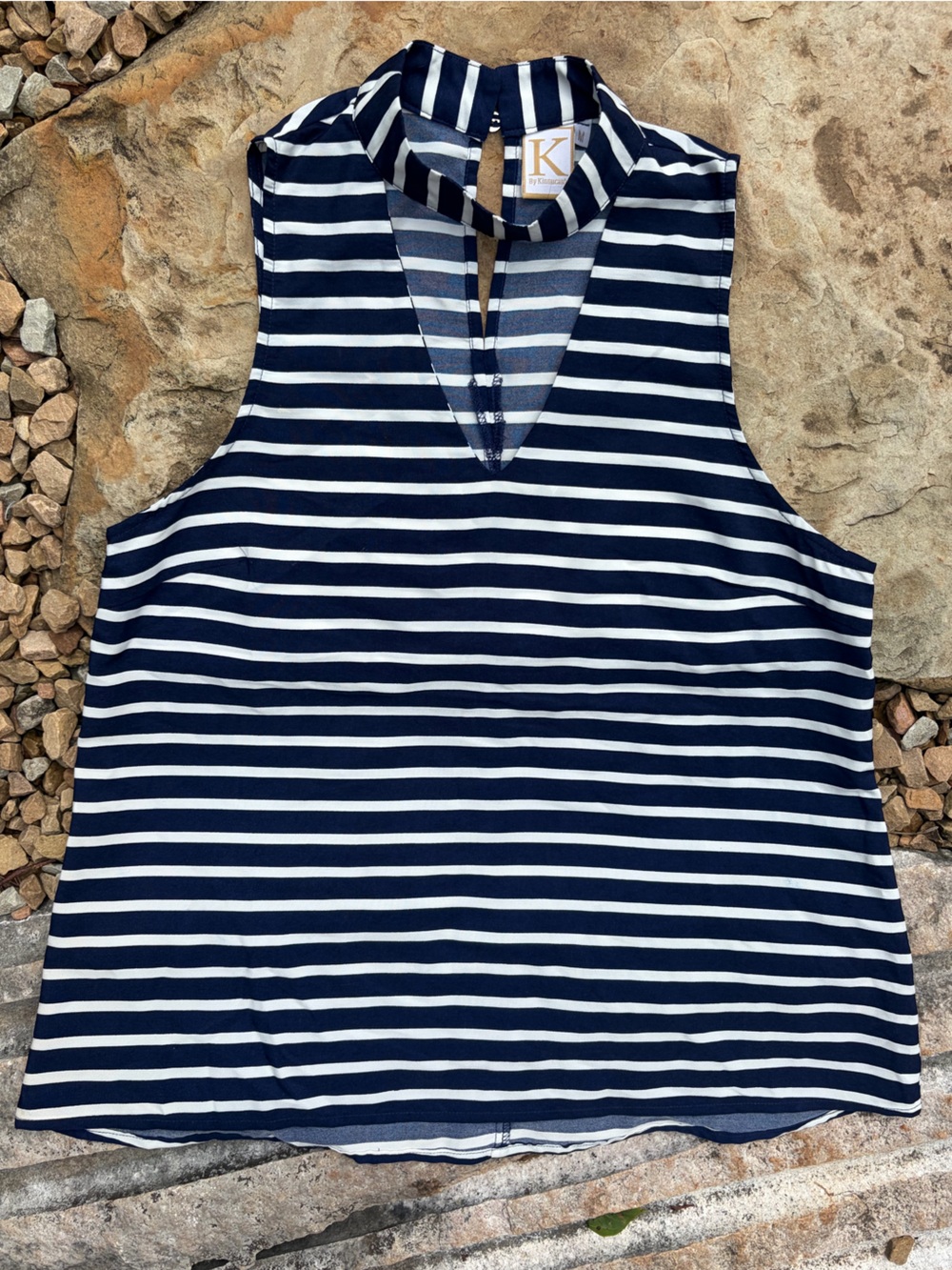 Navy Blue & White Striped Cutout High Neck Tank